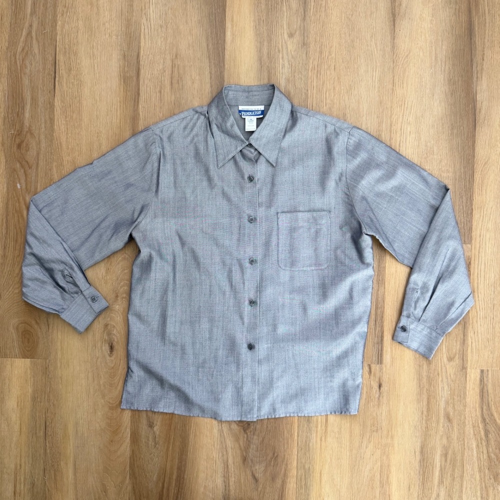 Pendleton Grey 100% Silk Button Down Long Sleeve Shirt Blouse 12 preppy career - Picture 2 of 6
